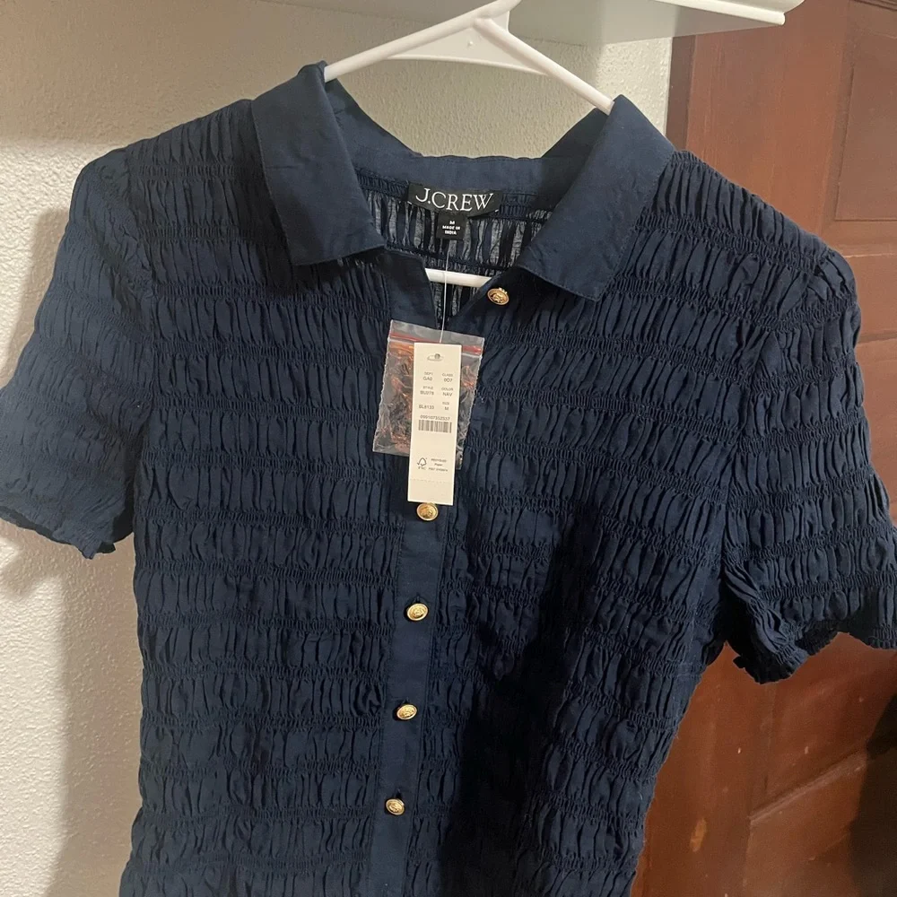 J. Crew Navy Textured Short-Sleeve Button-Down Shirt with Gold Buttons